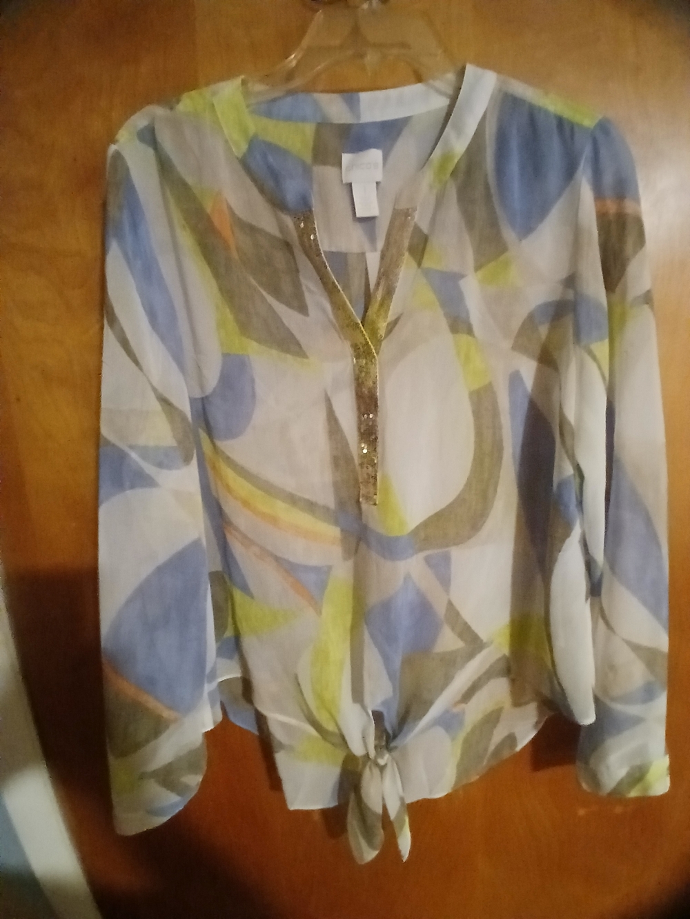 Women's Chico's Abstract Multi-Color Tie-Front Tunic with Gold Sequin Placket